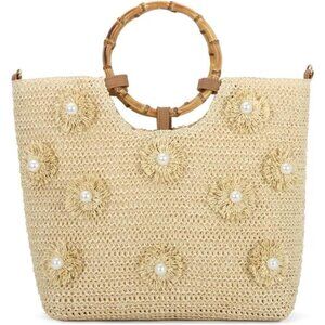 Flower Pearls Straw Tote Bag Beige